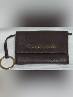 Michael Kors Jet Set Saffiano Coin Pouch ID Holder Keychain Brown Gold